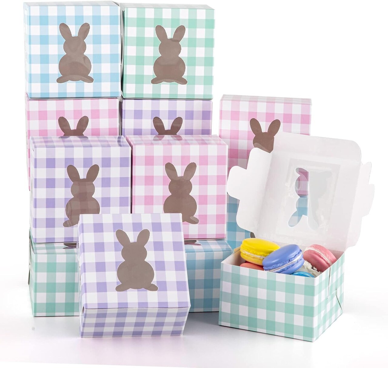 24Pcs Easter Treat Boxes with Bunny Window 4 x 4 x 2.6 Inch Colorful Plaids Cupcake Cardboard Box Rabbit Shape Window Cookie Goodie Candy Box Easter Treat Gift Boxes for Holiday Party Favor